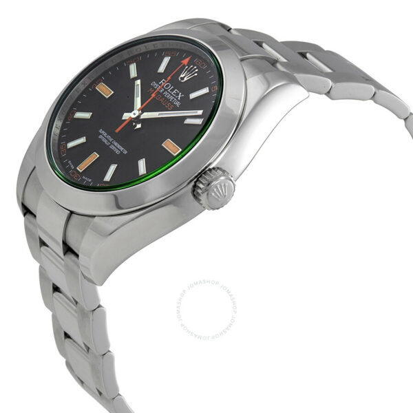pre owned rolex milgauss black dial domed bezel green crystal oyster bracelet watch 116400v 7942 2k4ib