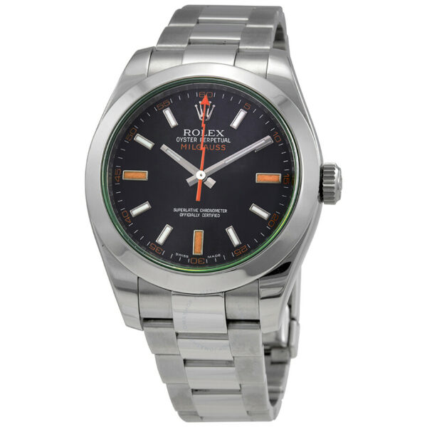Rolex Milgauss Black Dial Domed Bezel Green Crystal Oyster Bracelet Watch 116400V
