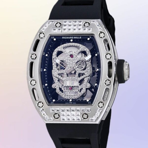 richard mille rm052 around 50 42mm men rm052 001 silver tone diamonds skull dial black blue watch 3210 udfjn