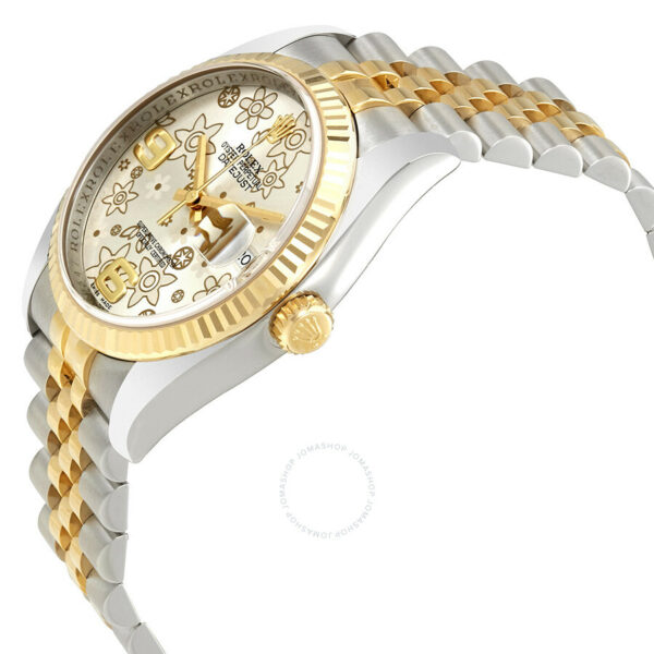 Rolex Oyster Perpetual Datejust 36 Silver Floral Motif Dial Stainless Steel and 18K Yellow Gold Jubilee Bracelet Automatic Unisex Watch 116233SFAJ - Image 3