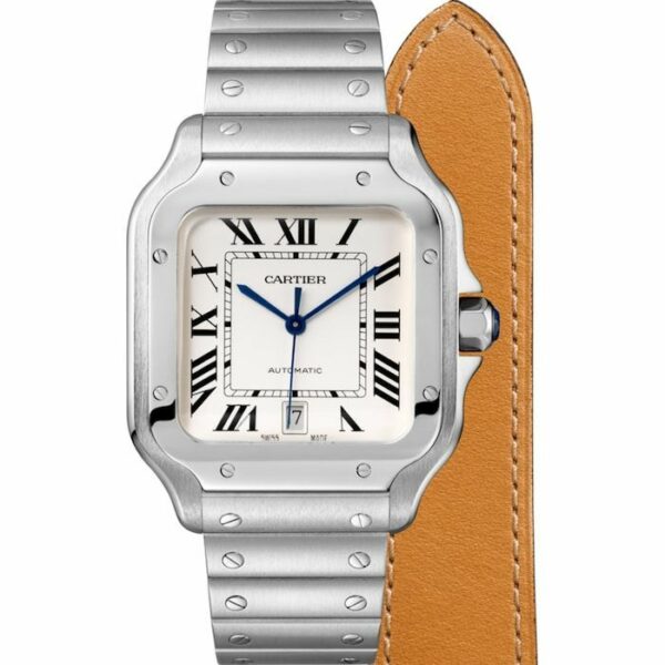 santos de cartier watch large model automatic movement steel interchangeable metal and leather braceletswssa0018 5525 mmflb